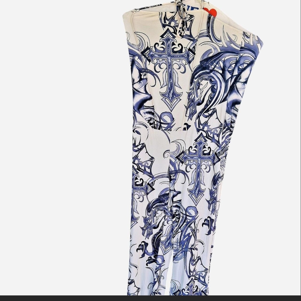Cream & Blue Cross Patterned Jumpsuit